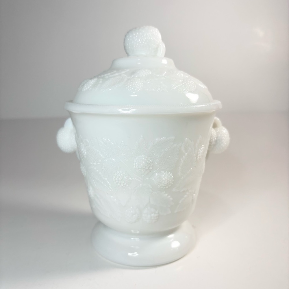 Westmoreland White Milk Glass Lidded Jar Blackberries
